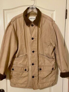 Vintage ORVIS Canvas Chore Barn Coat Field Jacket Corduroy Cuffs Tan Brown Sz L
